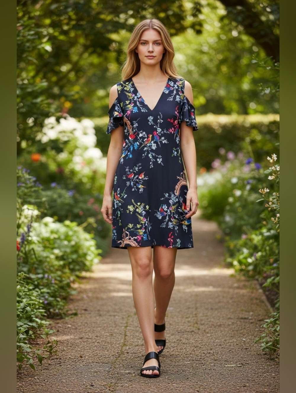 Ted Baker Black Bird & Floral Cold-Shoulder Mini Dress Size 3 (8 US) - Picture 2 of 13